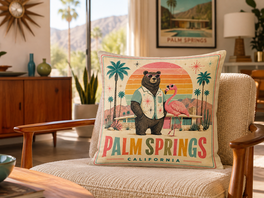 Palm Springs Bear & Flamingo Pillow
